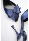 Kadın Lacivert Fiyonklu Saten Slingback Topuklu Ayakkabı TR40MS01E