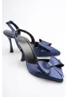 Kadın Lacivert Fiyonklu Saten Slingback Topuklu Ayakkabı TR40MS01E