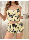 Kadın Sarı Kelebek Desenli Askılı Şortlu Ribana Pijama Takımı,rahat Ve Şık Ev Giyim,kadın Pijama