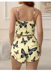 Kadın Sarı Kelebek Desenli Askılı Şortlu Ribana Pijama Takımı,rahat Ve Şık Ev Giyim,kadın Pijama