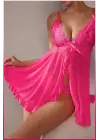 Kadın Seksi Fuşya Tül Gecelik Ve Külot Takım