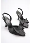Kadın Siyah Fiyonklu Saten Slingback Topuklu Ayakkabı TR40MS01A