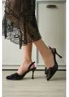 Kadın Siyah Fiyonklu Saten Slingback Topuklu Ayakkabı TR40MS01A