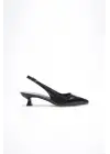 Kadın Siyah Kırışık Rugan Sivri Burun Slingback Kısa Topuklu Ayakkabı TR20MS04C