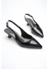Kadın Siyah Kırışık Rugan Sivri Burun Slingback Kısa Topuklu Ayakkabı TR20MS04C