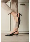 Kadın Siyah Kırışık Rugan Sivri Burun Slingback Kısa Topuklu Ayakkabı TR20MS04C