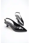 Kadın Siyah Rugan Sivri Burun Slingback Kısa Topuklu Ayakkabı TR20MS04E
