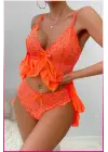 Kadın Zarif Turuncu Tül Gecelik Ve Külot Takım