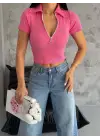Kaşkorse Yaka Fermuarlı Bluz Fuşya