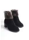 Katya Fermuarlı Ortopedik Taban Topuklu Kürk Detaylı Süet Kadın Bot  St - Siyah