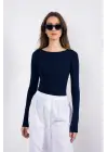 Kayık Yaka Uzun Kollu Bluz Lacivert Pt