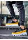 Tb-056 Terzi Bey Siyah Sarı Detaylı Beyaz Yüksek Taban Günlük Spor Ayakkabı