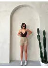 Kemer Detaylı Gabardin Şort Bej S25289