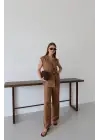 Keten Yelek Pantolon Takım Kahve Pt