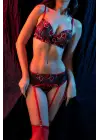 Kırmızı Dantel Jartiyerli 4’lü Fantazi İç Giyim Takımı,transparan Ayarlanabilir Askılı,kadın İçgiyim