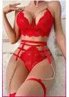Kırmızı Dantelli Gold Zincirli Seksi Jartiyer Takım