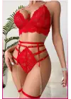 Kırmızı Dantelli Gold Zincirli Seksi Jartiyer Takım
