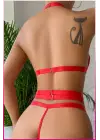 Kırmızı Dantelli Kalp Detaylı Zincirli Seksi İç Giyim Seti