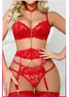 Kırmızı Göğüs Balenli Dantelli Zincir Detaylı Seksi Jartiyer Takım