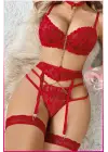 Kırmızı Göğüs Balenli Dantelli Zincir Detaylı Seksi Jartiyer Takım