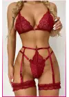 Kırmızı Göğüs Dantelli Seksi Jartiyer Takım