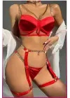Kırmızı Merdiven Zincirli Göğüs Balenli Kadın Seksi Jartiyer Takım