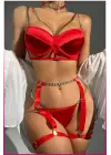 Kırmızı Merdiven Zincirli Göğüs Balenli Kadın Seksi Jartiyer Takım