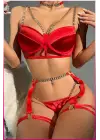 Kırmızı Merdiven Zincirli Göğüs Balenli Kadın Seksi Jartiyer Takım
