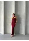 Krinkıl Tek Omuz Uzun Elbise Bordo S25455
