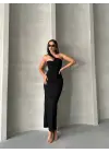 Krinkıl Tek Omuz Uzun Elbise Siyah S25455