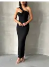 Krinkıl Tek Omuz Uzun Elbise Siyah S25455
