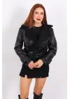 Kürklü Suni Deri Kemerli Siyah Kadın Kısa Mont T1256