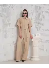 Kuşaklı Gömlek Yaka Salaş Tulum Bej S255822