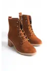 Lena Bağcıklı Fermuarlı Ortopedik Taban Topuklu Süet Kadın Bot Tt - Taba