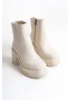 Lısse Fermuarlı Ortopedik Taban Kalın Topuklu Kadın Bot Kt - Krem