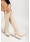 Ls-226 Bej Cilt Fermuarlı Lastikli İnce Yüksek Topuklu Kadın Çizme