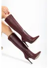 Ls-226 Bordo Cilt Fermuarlı Lastikli İnce Yüksek Topuklu Kadın Çizme