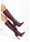 Ls-226 Bordo Cilt Fermuarlı Lastikli İnce Yüksek Topuklu Kadın Çizme