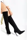 Ls-226 Siyah Süet Fermuarlı Lastikli İnce Yüksek Topuklu Kadın Çizme
