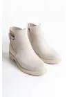 Luna Fermuarlı Lastikli Ortopedik Taban Topuklu Süet Kadın Bot Kt - Krem