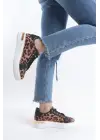 Mına Bağcıklı Ortopedik Taban Leopar Desenli Kadın Sneaker Spor Ayakkabı  Bt - Kahverengi