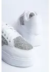 Mıpa Bağcıklı Ortopedik Taban Simli Kadın Sneaker Spor Ayakkabı  Bt - Beyaz