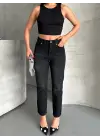 Mom Fit Enzim Bıyıklı Taş Yıkama Jeans Pantolon Siyah D2006