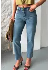 Mom Fit Kar Yıkama Bıyık Detaylı Jeans Pantolon D2006