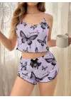 Mor Renk Kelebek Desenli Şortlu Ev Giyim Takımı,kadın Yazlık Askılı Pijama, Rahat Ve Şık Ev Giyim
