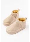 Bej Süet İçi Kürklü Kışlık Kapalı Burun Kadın Günlük Terlik