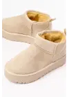 Bej Süet İçi Kürklü Kışlık Kapalı Burun Kadın Günlük Terlik