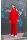 Omuz Detaylı Kol Nakışlı İkili Alt Üst Triko Takım Kırmızı