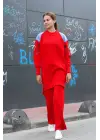 Omuz Detaylı Kol Nakışlı İkili Alt Üst Triko Takım Kırmızı