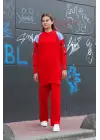 Omuz Detaylı Kol Nakışlı İkili Alt Üst Triko Takım Kırmızı
